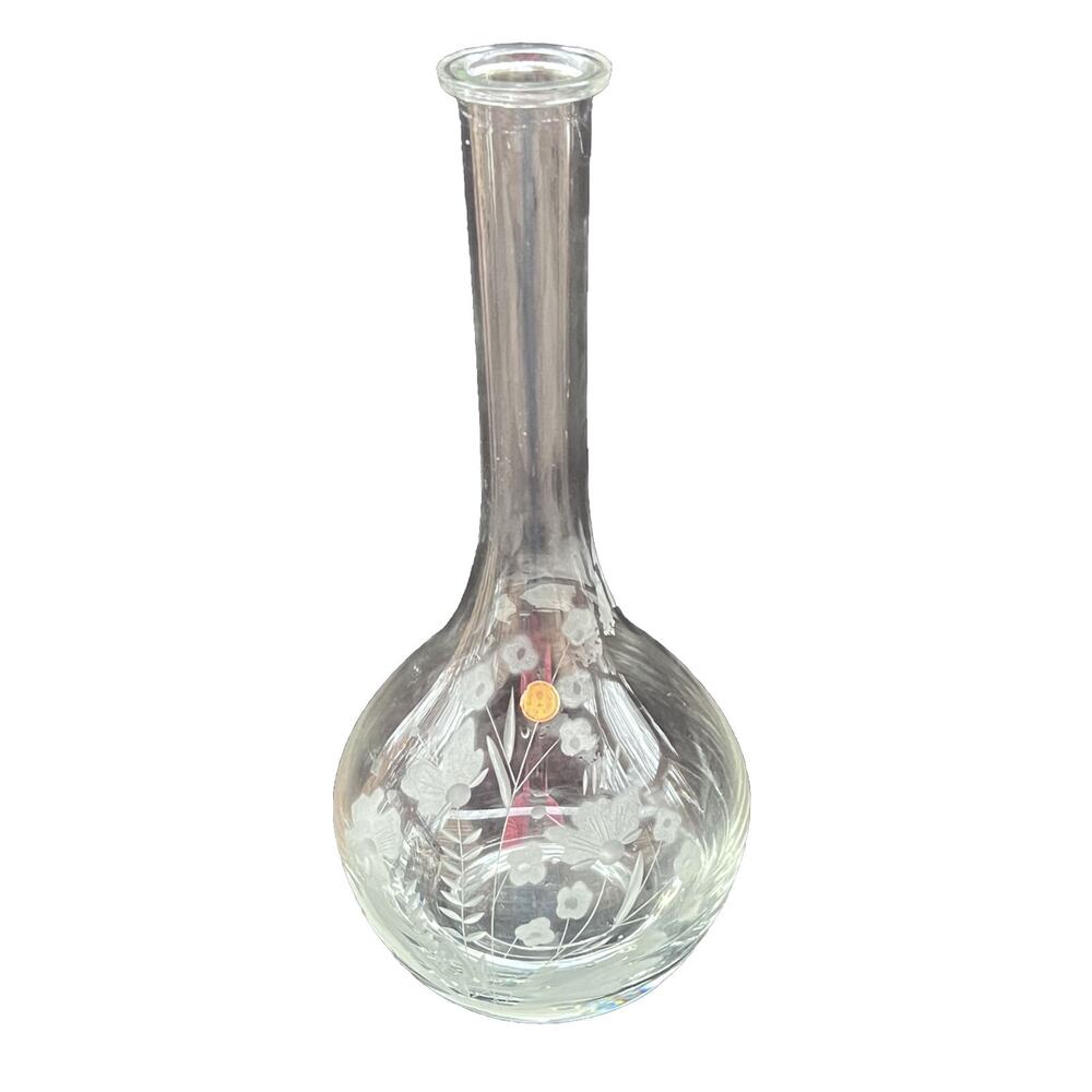Vintage Crystal Decanter Hand Etched Made In Romania With Orig Sticker No Chips